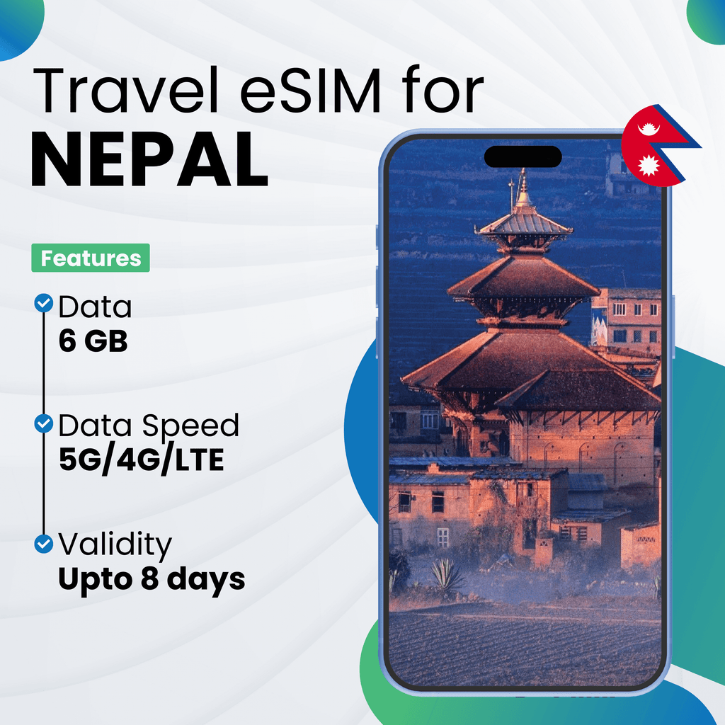 Travel prepaid eSIM for Nepal with 6GB data, 5G/4G/LTE speed, up to 8-day validity, compatible with Android & iPhones